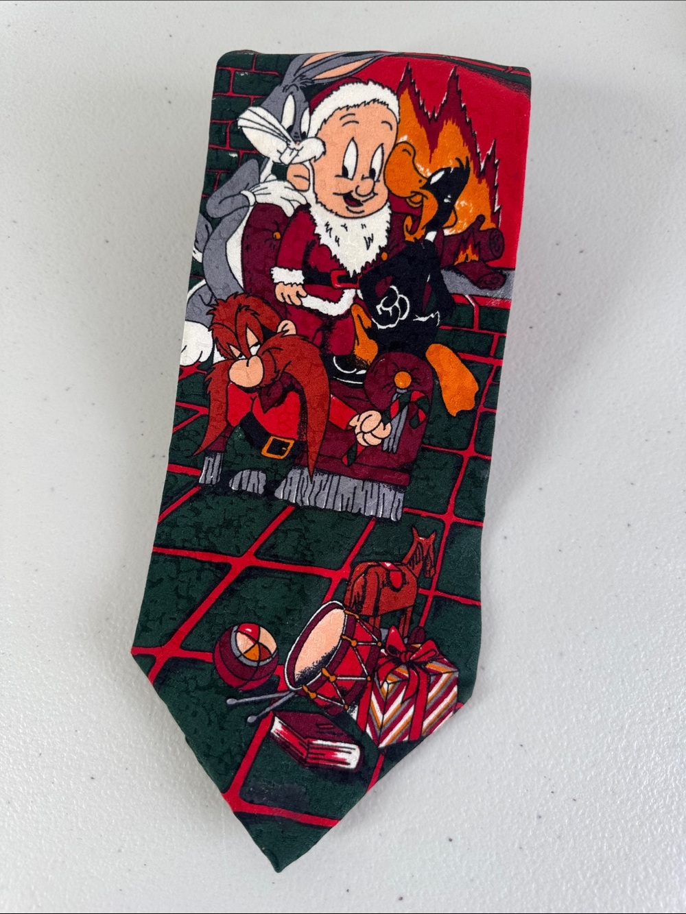 Vintage Looney Tunes Elmer Fudd Santa Bugs Bunny Print Silk Tie 90s Y2K Holiday - Picture 10 of 15